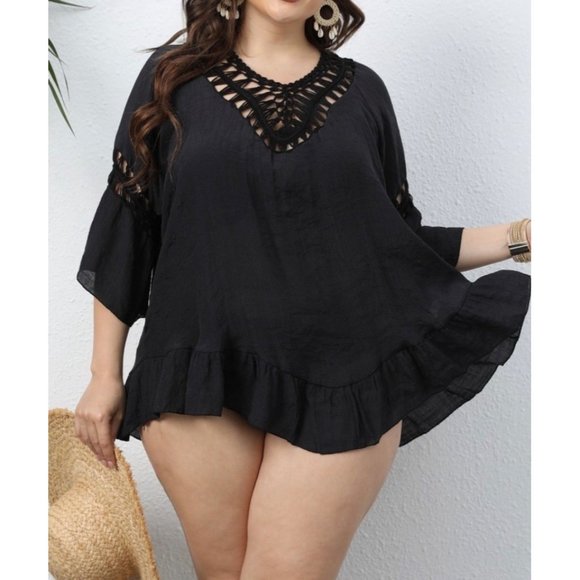 New Black Crochet Short Beach Swim Coverup - Picture 2 of 16